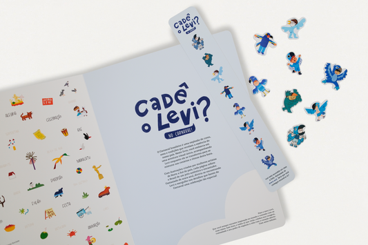 Página de introdução do livro Cadê o Levi? No Carnaval! com marcador e colantes arara-azul