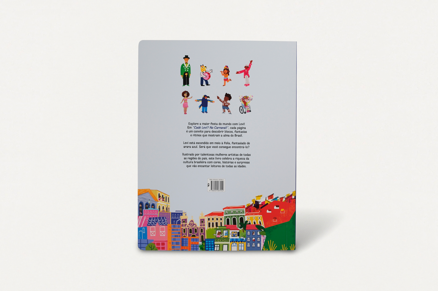 Contracapa do livro Cadê o Levi? No Carnaval! - primeiro da série de livros ilustrados brasileiros
