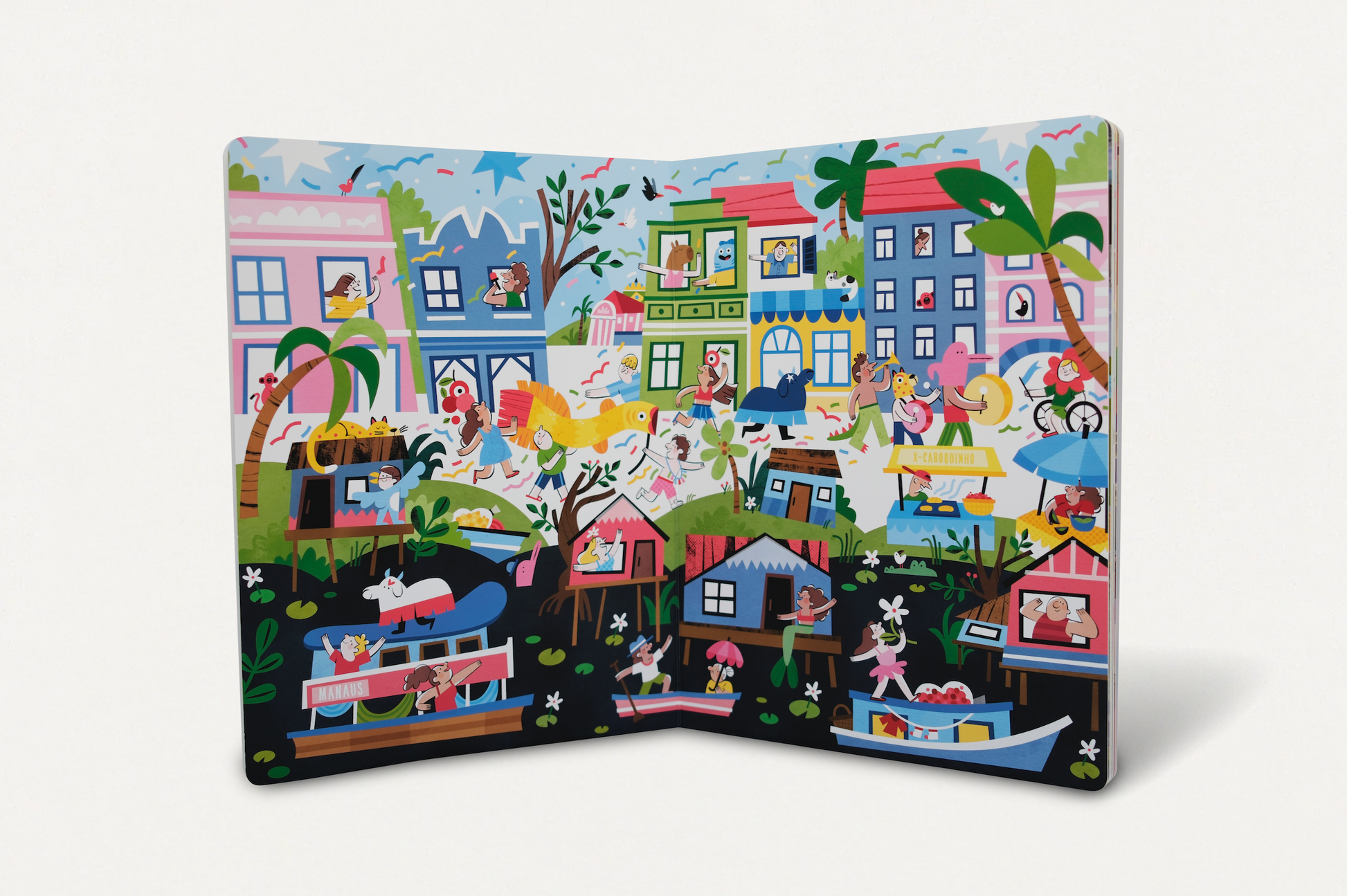 Página dupla ilustrada do Carnaval de Manaus em Cadê o Levi? No Carnaval! por Irena Freitas