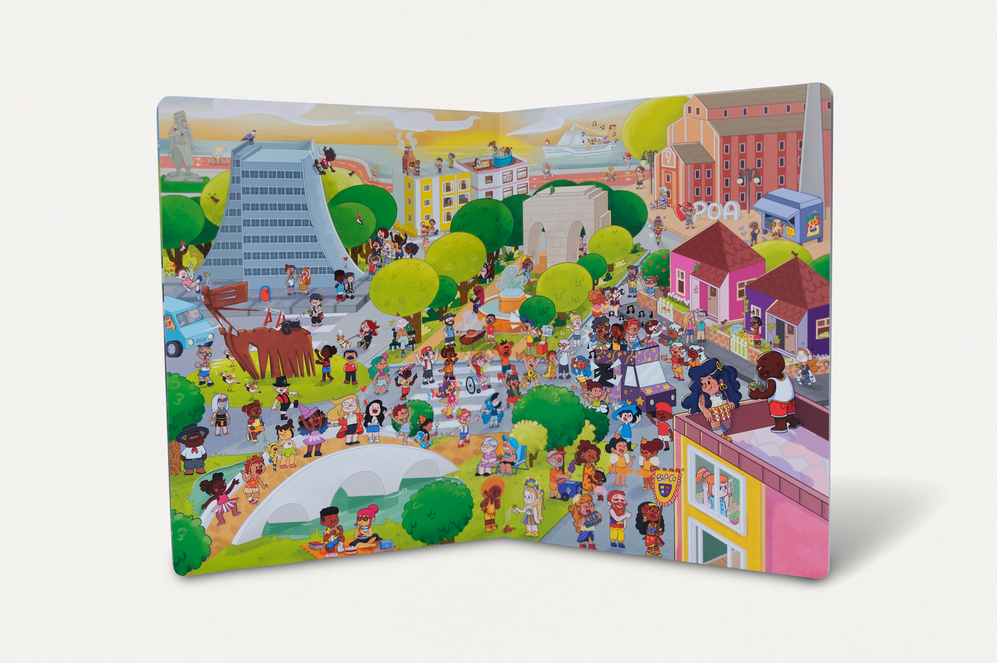 Página dupla ilustrada do Carnaval de Porto Alegre em Cadê o Levi? No Carnaval! por Bruna Dorneles