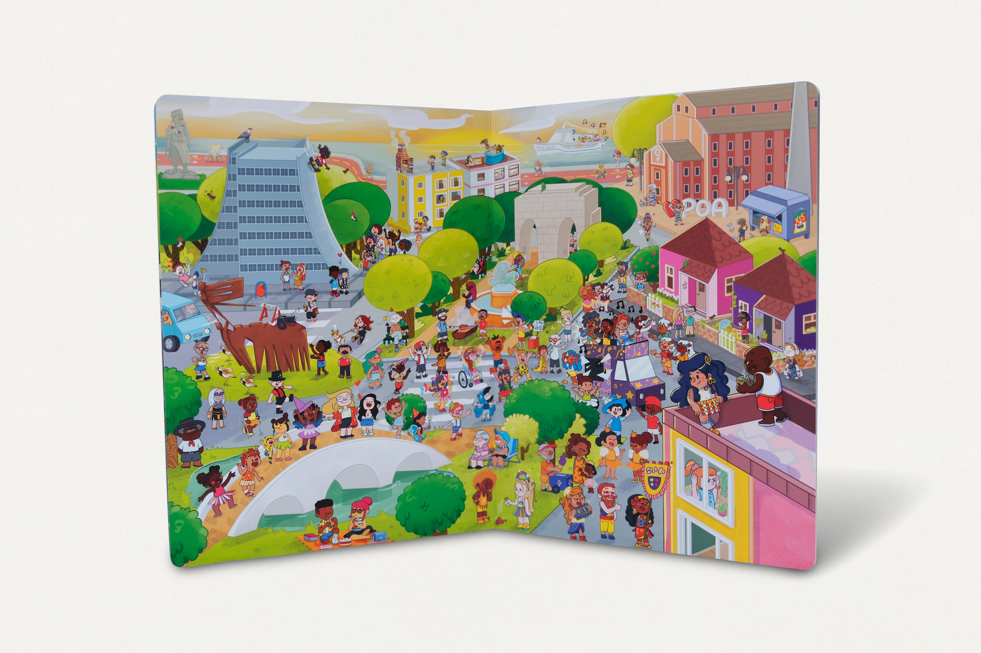 Página dupla ilustrada do Carnaval de Porto Alegre em Cadê o Levi? No Carnaval! por Bruna Dorneles