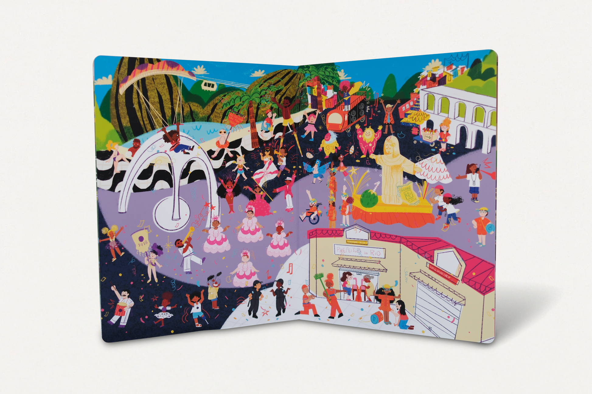 Página dupla ilustrada do Carnaval do Rio de Janeiro em Cadê o Levi? No Carnaval! por Letícia Moreno