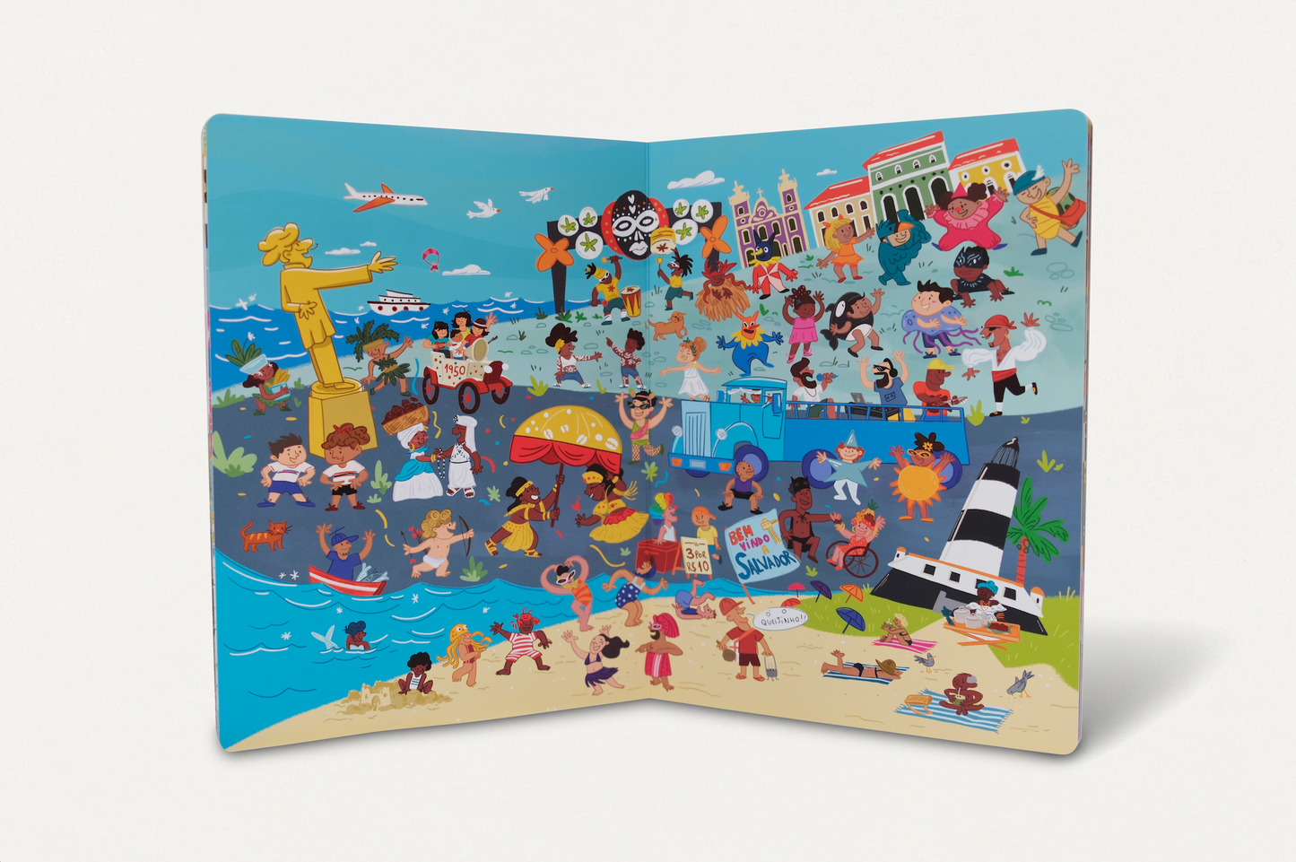 Página dupla ilustrada do Carnaval de Salvador em Cadê o Levi? No Carnaval! por Carolina Albuquerque