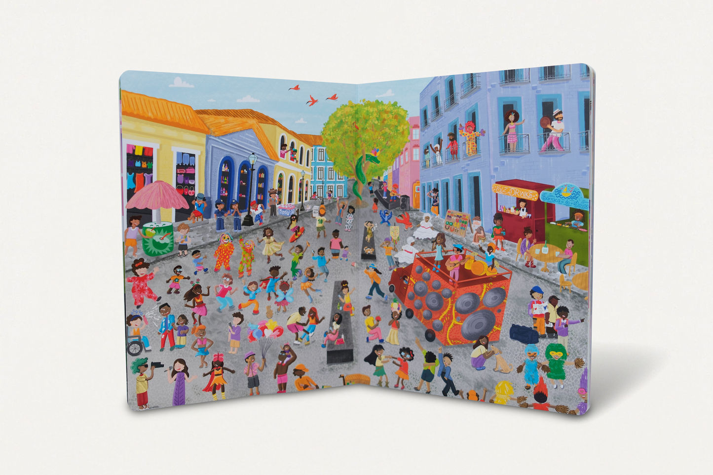 Página dupla ilustrada do Carnaval de São Luís em Cadê o Levi? No Carnaval! por Amanda Sousa