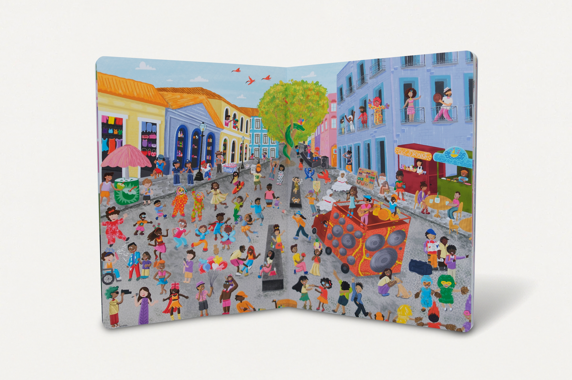 Página dupla ilustrada do Carnaval de São Luís em Cadê o Levi? No Carnaval! por Amanda Sousa