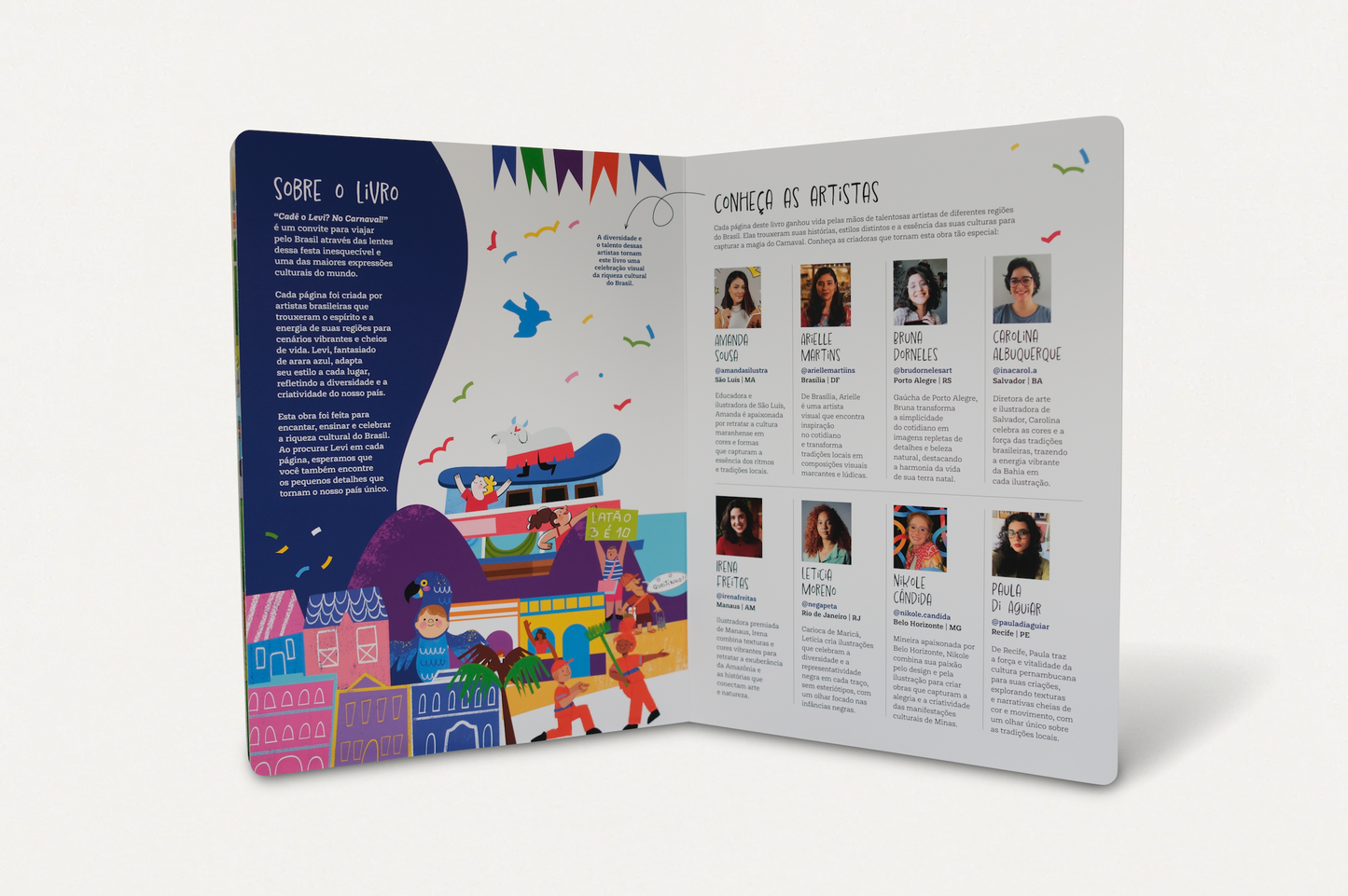 Página sobre o livro Cadê o Levi? No Carnaval! apresentando as 8 artistas mulheres brasileiras